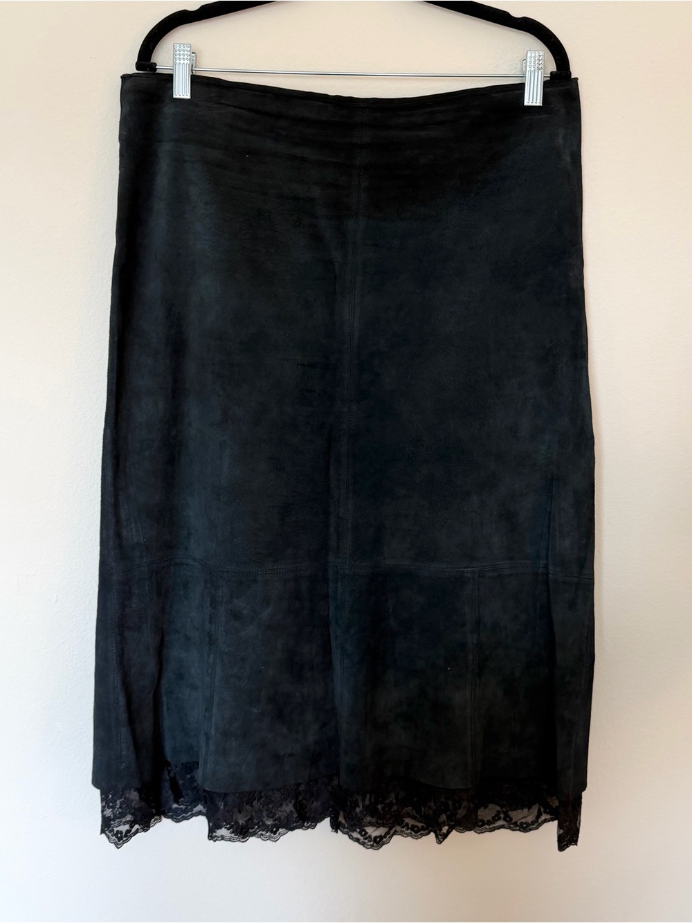 Karen Kane Black Suede Midi Skirt with Lace Trim Size Large